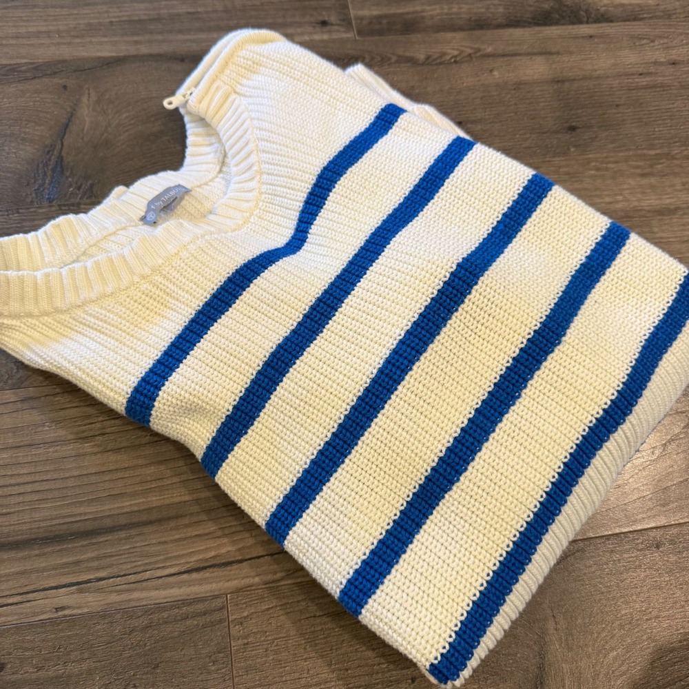 T by Talbots Striped Ribbed Knit Sweater Ivory Blue Shoulder Zip Thumbhole Large